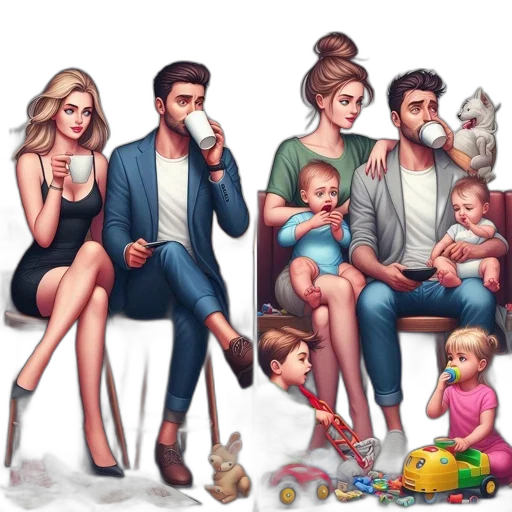 concept art, pixel art, cartoon, fantasy art, side-by-side, comparison, two, scenes transparent PNG cut-out