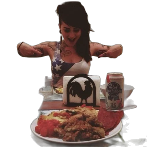food, robot, woman, tattoos, sitting, table, plate, can transparent PNG cut-out