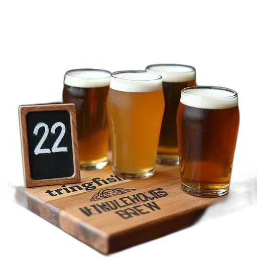 wooden, board, four, glasses, beer, placed, table, filled transparent PNG cut-out