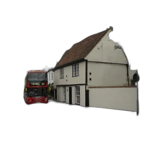 building, 3d render, photorealistic, city street, red, double-decker, bus, drives transparent PNG cut-out