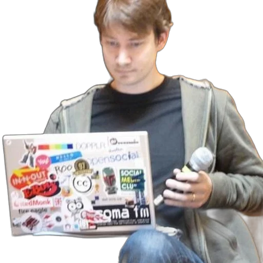 staff, jacket, weapon, robot, concept art, man, sits, laptop transparent PNG cut-out