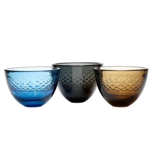 blue, set, three, glass, bowls, modern, design, each transparent PNG cut-out