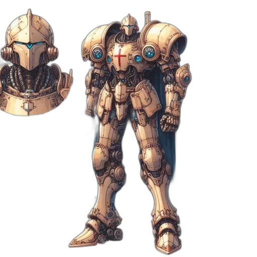 robot, weapon, concept art, 3d render, fantasy art, pixel art, earth tones, golden transparent PNG cut-out