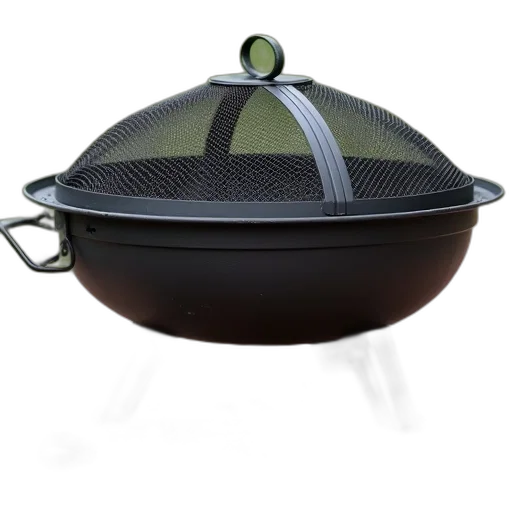 hat, food, 3d render, black, metal, fire, pit, round transparent PNG cut-out