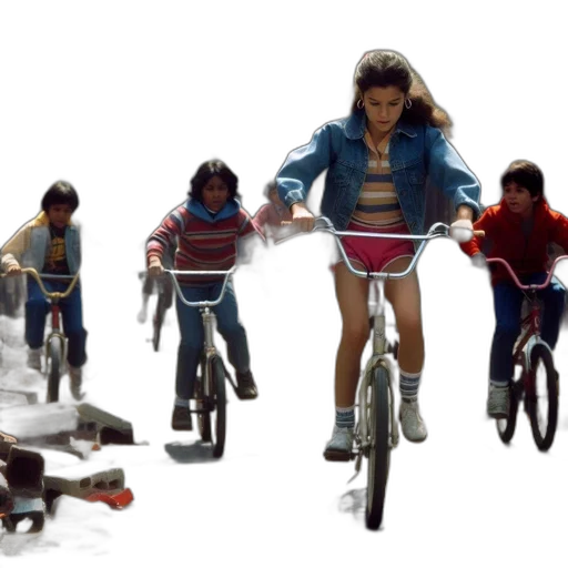 concept art, children, ride, bicycles, along, old, cluttered, street transparent PNG cut-out