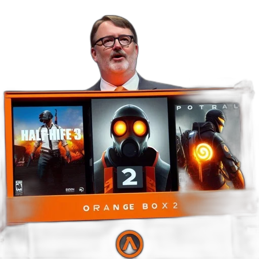 concept art, suited, man, stands, beside, oversized, orange, crate transparent PNG cut-out