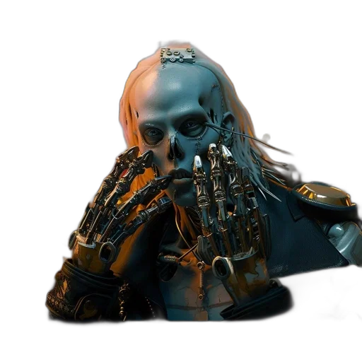robot, mask, weapon, face, cyberpunk, concept art, 3d render, photorealistic transparent PNG cut-out