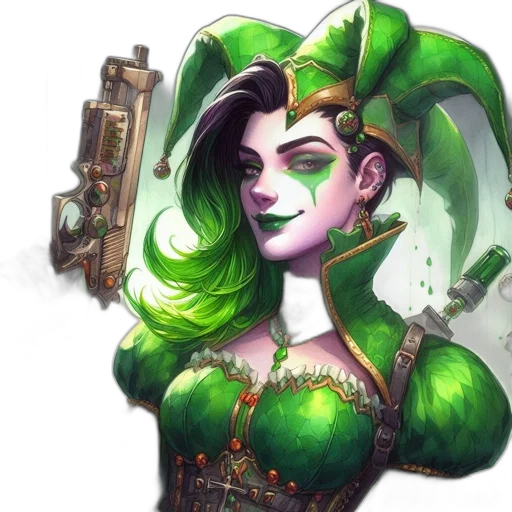 fantasy art, concept art, pixel art, comic book art, green, woman, gold, steampunk transparent PNG cut-out