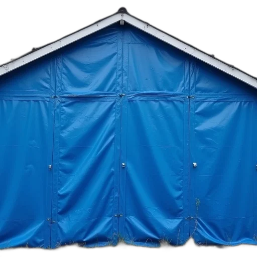 umbrella, building, jacket, furniture, blue, tarp, stretched, over transparent PNG cut-out
