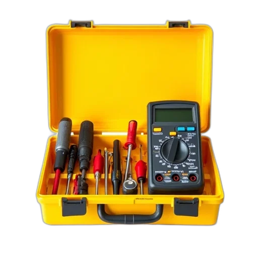 staff, yellow, toolbox, open, revealing, assortment, tools, including transparent PNG cut-out