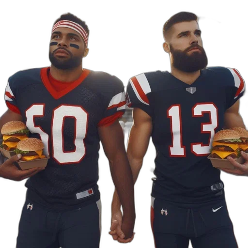 two, men, football, jerseys, hold, burgers, stand, together transparent PNG cut-out