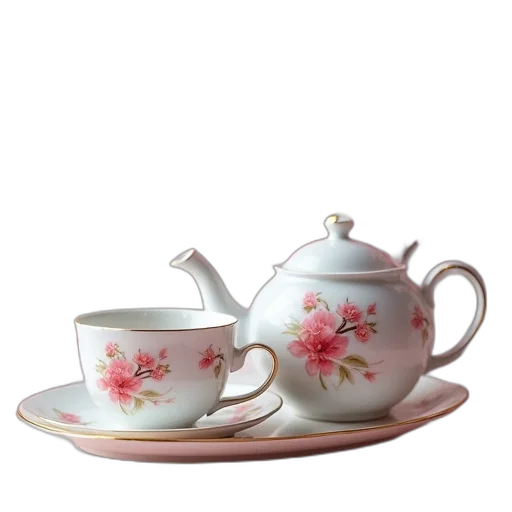photorealistic, 3d render, pastel, cherry, blossom, porcelain, tea, set transparent PNG cut-out