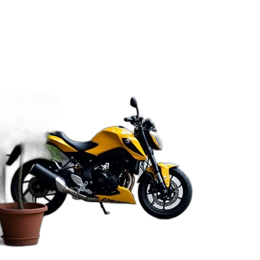 photorealistic, 3d render, concept art, yellow, black, motorcycle, parked, side transparent PNG cut-out