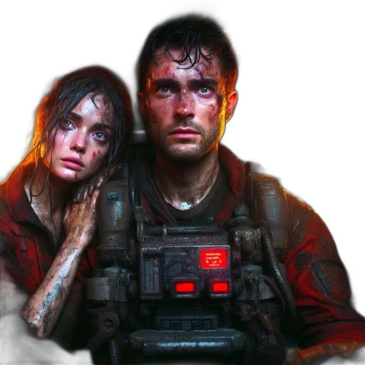 concept art, cyberpunk, pixel art, photorealistic, red, two, individuals, one transparent PNG cut-out