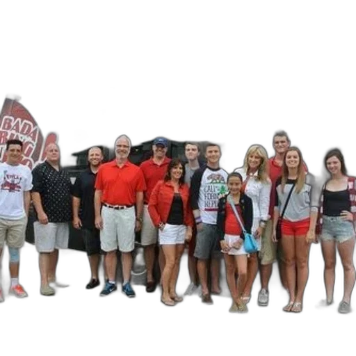 staff, group, people, stands, front, white, bus, red transparent PNG cut-out