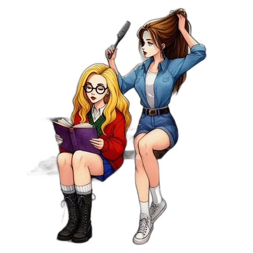 staff, cartoon, comic book art, anime, concept art, two, animated, females transparent PNG cut-out