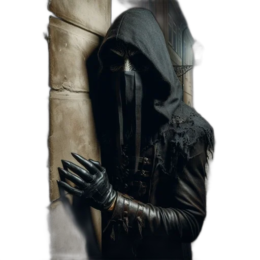 mask, jacket, sword, face, concept art, fantasy art, comic book art, photorealistic transparent PNG cut-out