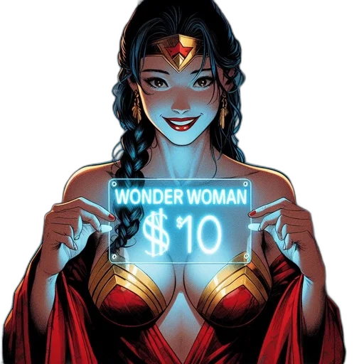 jewelry, comic book art, concept art, fantasy art, neon lights, wonder, woman, stands transparent PNG cut-out