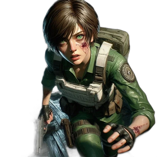 weapon, jacket, face, concept art, comic book art, photorealistic, cyberpunk, green transparent PNG cut-out