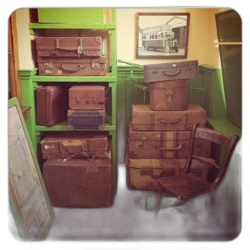 furniture, earth tones, green, room, shelf, full, suitcases, chair transparent PNG cut-out