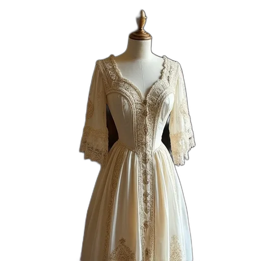 dress, vintage, victorian, intricate, lace, details, displayed, mannequin transparent PNG cut-out