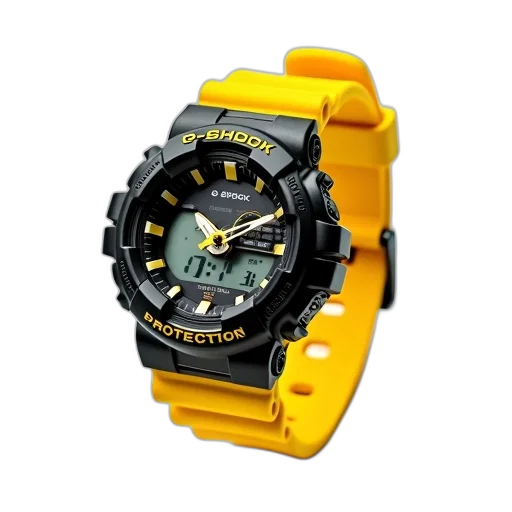 jewelry, 3d render, photorealistic, yellow, g-shock, watch, black, dial transparent PNG cut-out