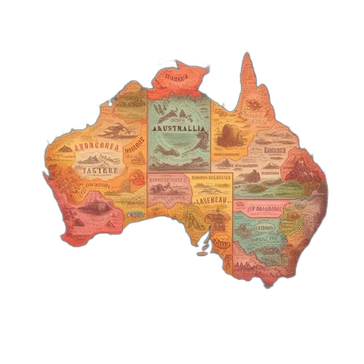 colorful, detailed, map, australia, highlights, states, territories, landmarks transparent PNG cut-out