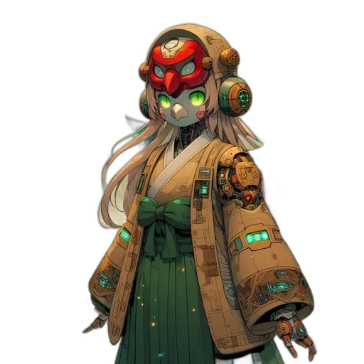 mask, robot, staff, jacket, concept art, cyberpunk, fantasy art, 3d render transparent PNG cut-out