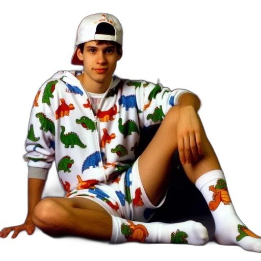 jacket, photorealistic, vaporwave, young, man, wears, dinosaur-print, hoodie transparent PNG cut-out