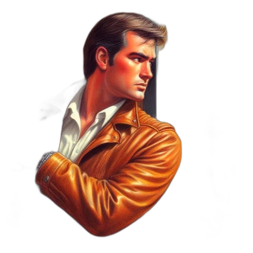 jacket, face, comic book art, photorealistic, concept art, pixel art, neon lights, golden transparent PNG cut-out