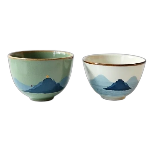 photorealistic, blue, two, ceramic, bowls, mountain, landscape, design transparent PNG cut-out