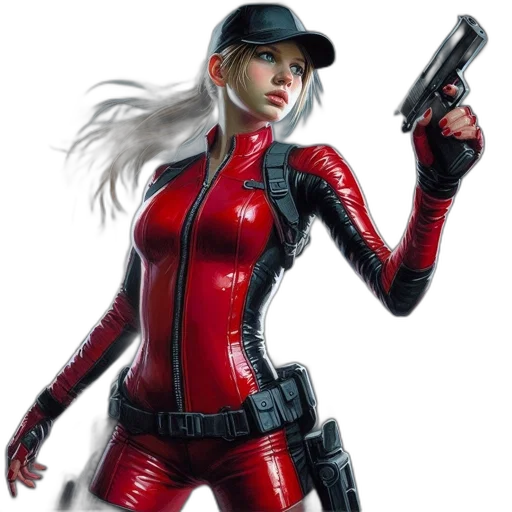 weapon, jacket, concept art, comic book art, 3d render, photorealistic, red, woman transparent PNG cut-out