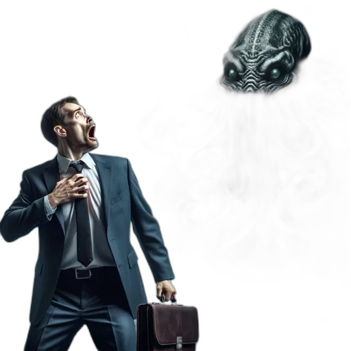 mask, robot, creature, concept art, 3d render, outer space, terrified, businessman transparent PNG cut-out