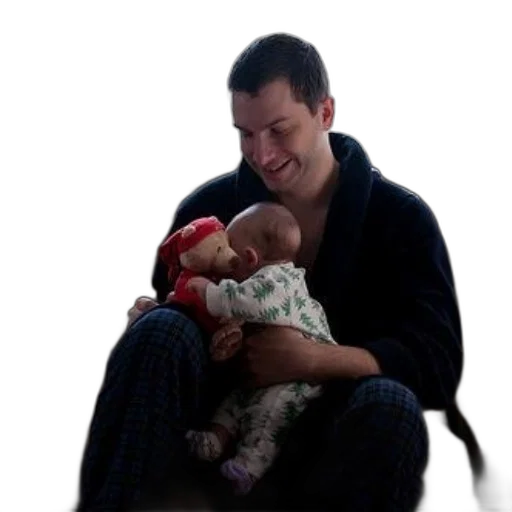 photorealistic, man, pajamas, holds, baby, stuffed, animal, couch transparent PNG cut-out