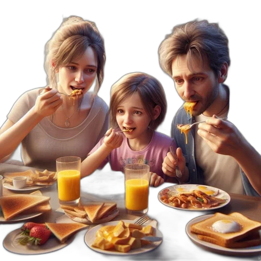 food, photorealistic, concept art, 3d render, oil painting, family, three, enjoys transparent PNG cut-out