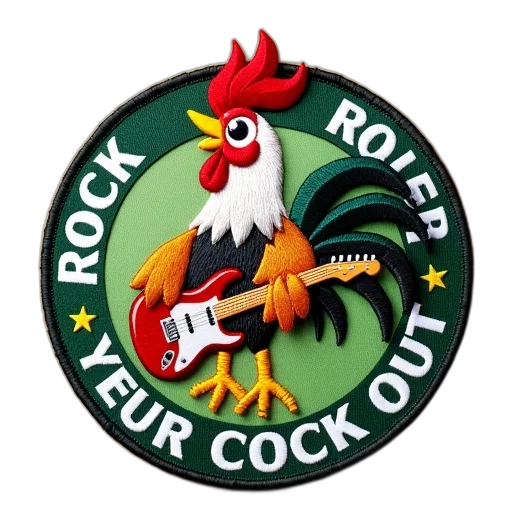 jacket, patch, cartoon, rooster, design, displayed, depicted, guitar transparent PNG cut-out