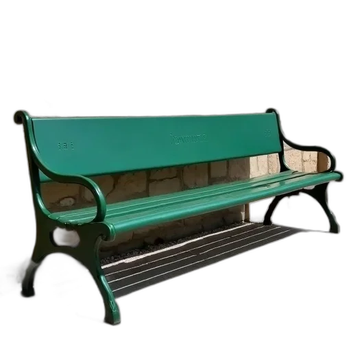 furniture, 3d render, photorealistic, green, long, park, bench, positioned transparent PNG cut-out
