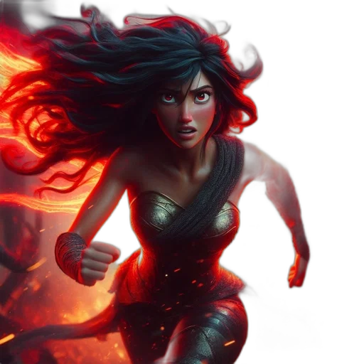 comic book art, concept art, fantasy art, fire, red, animated, female, character transparent PNG cut-out