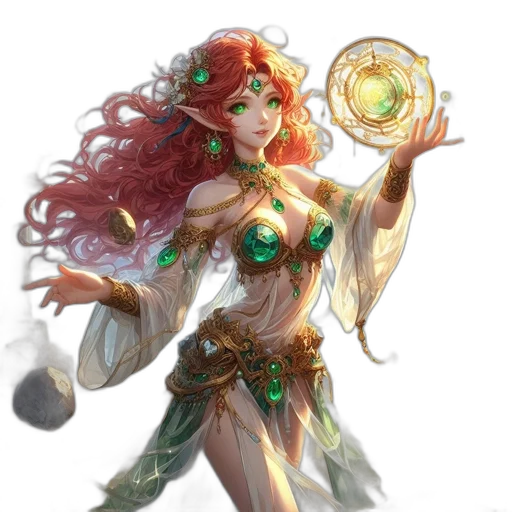 jewelry, fantasy art, concept art, comic book art, pixel art, green, red-haired, sorceress transparent PNG cut-out