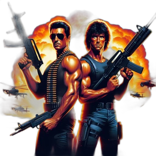 concept art, comic book art, pixel art, cyberpunk, fire, two, armed, men transparent PNG cut-out