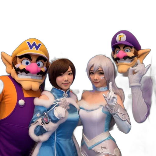 mask, dress, staff, 3d render, concept art, pastel, four, individuals transparent PNG cut-out
