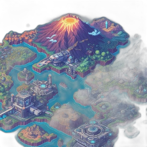 concept art, fantasy art, pixel art, 3d render, fog, elaborate, nocturnal, map transparent PNG cut-out