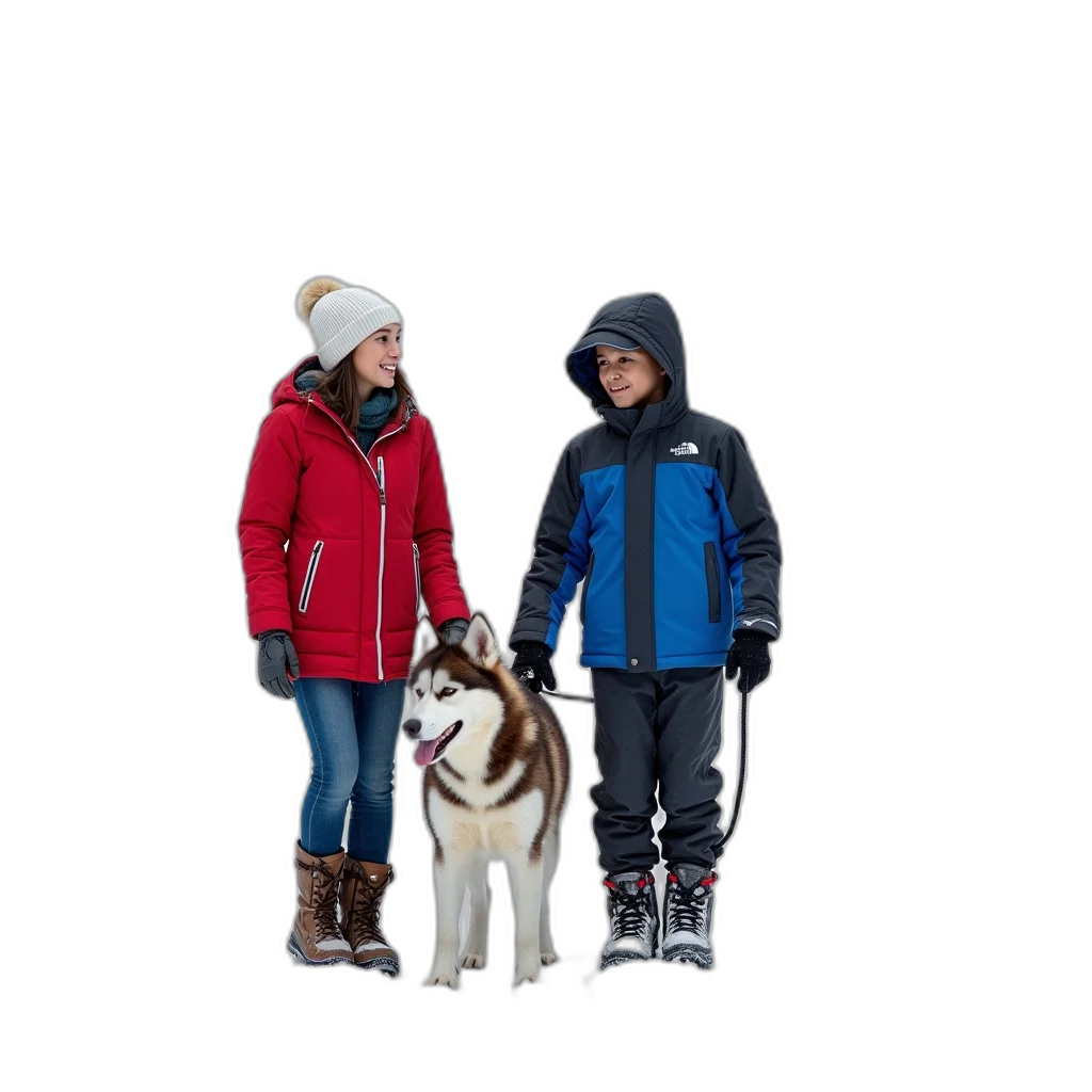 snow, woman, young, boy, standing, dog, leash, wearing transparent PNG cut-out