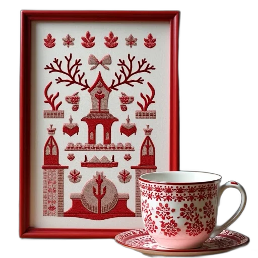 snow, forest, red, framed, embroidery, piece, border, white transparent PNG cut-out