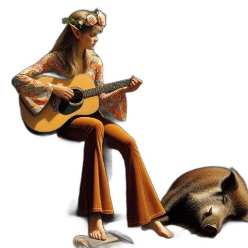 concept art, photorealistic, oil painting, 3d render, blonde-haired, woman, sits, log transparent PNG cut-out