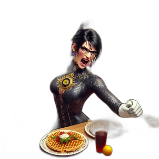 food, concept art, 3d render, comic book art, photorealistic, woman, crown, wields transparent PNG cut-out