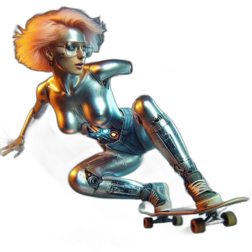 robot, concept art, cyberpunk, 3d render, fantasy art, metallic, robot-like, skateboarder transparent PNG cut-out