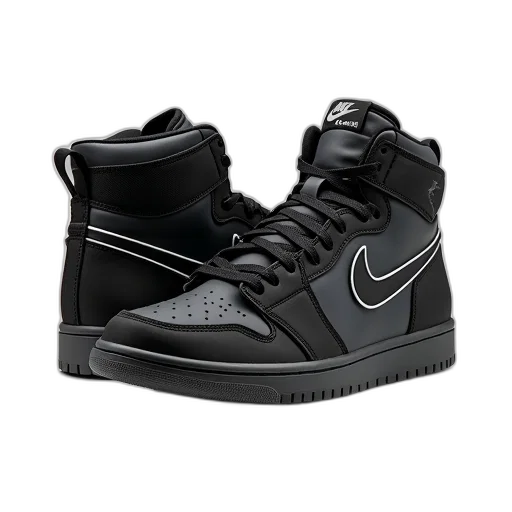shoes, pair, black, high-top, sneakers, swoosh, logo, side transparent PNG cut-out
