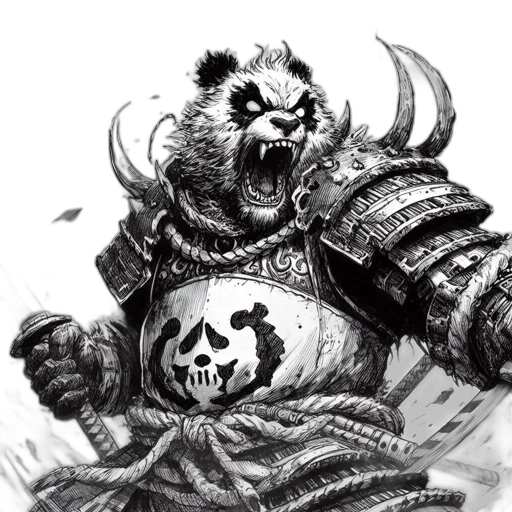 concept art, fantasy art, comic book art, photorealistic, monochrome, anthropomorphic, panda, warrior transparent PNG cut-out