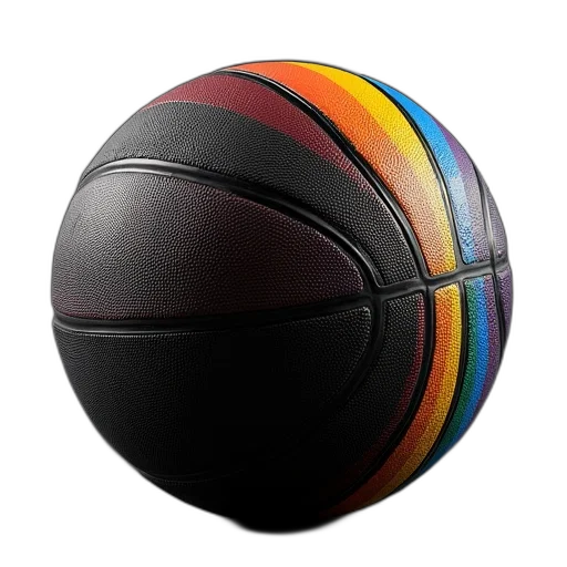 3d render, photorealistic, black, rainbow, rubber, basketball, logo transparent PNG cut-out